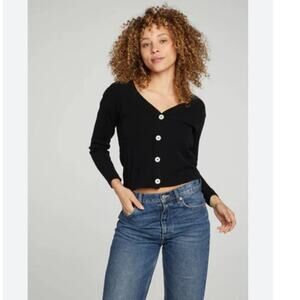 Chaser‎ Button Down Ribbed Cropped Long Sleeve Cardigan Womans Size S